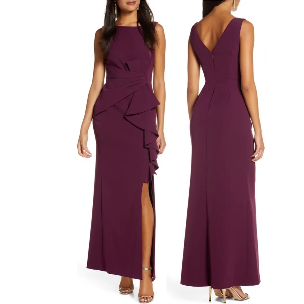 Eliza J Cascading Ruffle Gown In Wine